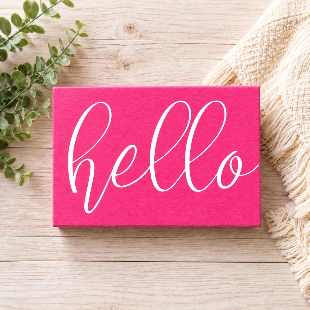 Hello Wood Block Sign – Farmhouse Home Decor PINK -WHITE 6" X 3.75" 2.25" THICK